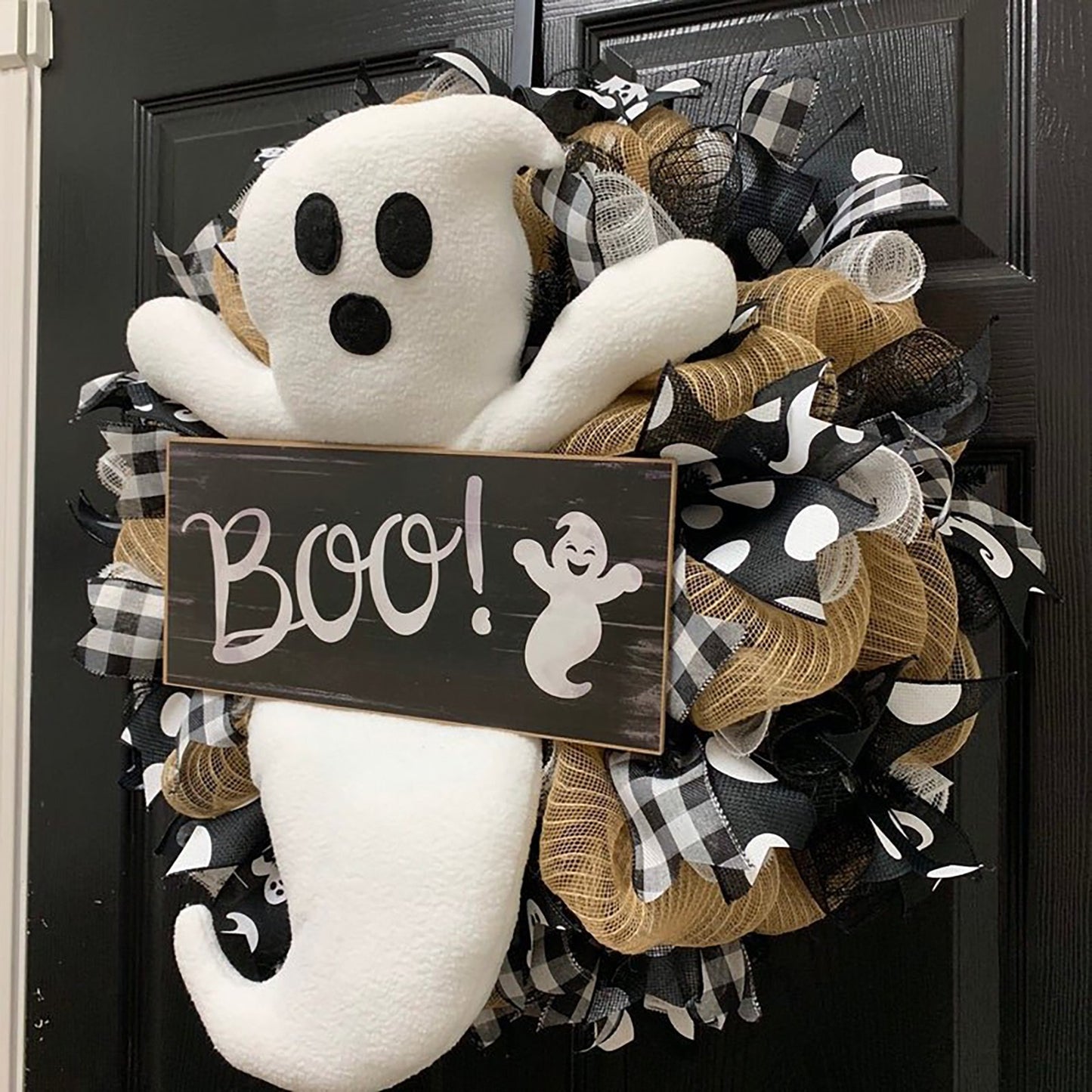 Halloween Wreath BOO Farmhouse-Ghost Wreath Outdoor Front Door Indoor Wall Decor Honeycomb Ghost Smiley Balloon For Halloween