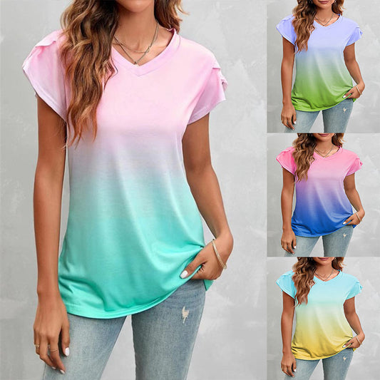 Women's Fashion Loose Tie-dyed Pullover V-neck Short Sleeve