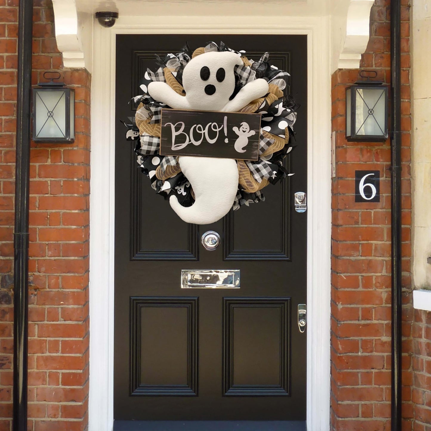 Halloween Wreath BOO Farmhouse-Ghost Wreath Outdoor Front Door Indoor Wall Decor Honeycomb Ghost Smiley Balloon For Halloween