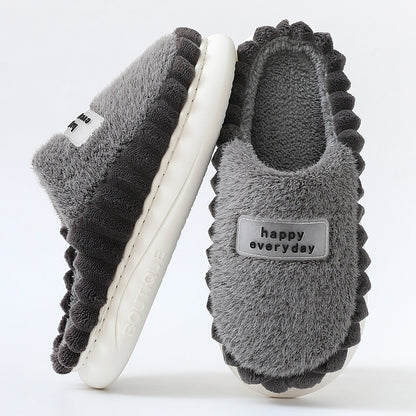 Home Slippers For Men Thick-soled Color-block Letters Fluffy Fleece  House Shoes Winter Indoor Warm Slip On Floor Bedroom Slipper