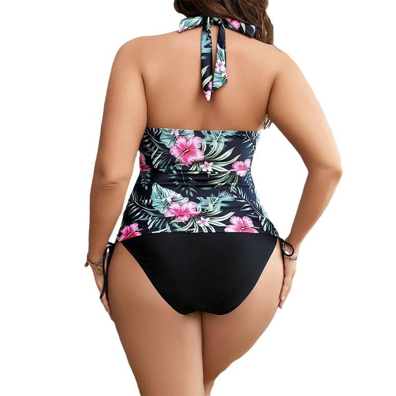 Women's Plus Size Split Bikini Digital Printing Drawstring Swimsuit