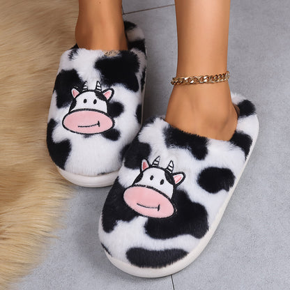 Cartoon Cow Cotton Slippers Indoor Non-slip Warm House Shoes Winter