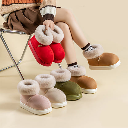 Winter Thick-soled Cotton Shoes House Indoor Outwear Plus Velvet Warm Snow Boots With Big Fur Cut Plush Ankle Boots For Women