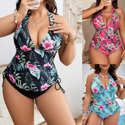 Women's Plus Size Split Bikini Digital Printing Drawstring Swimsuit