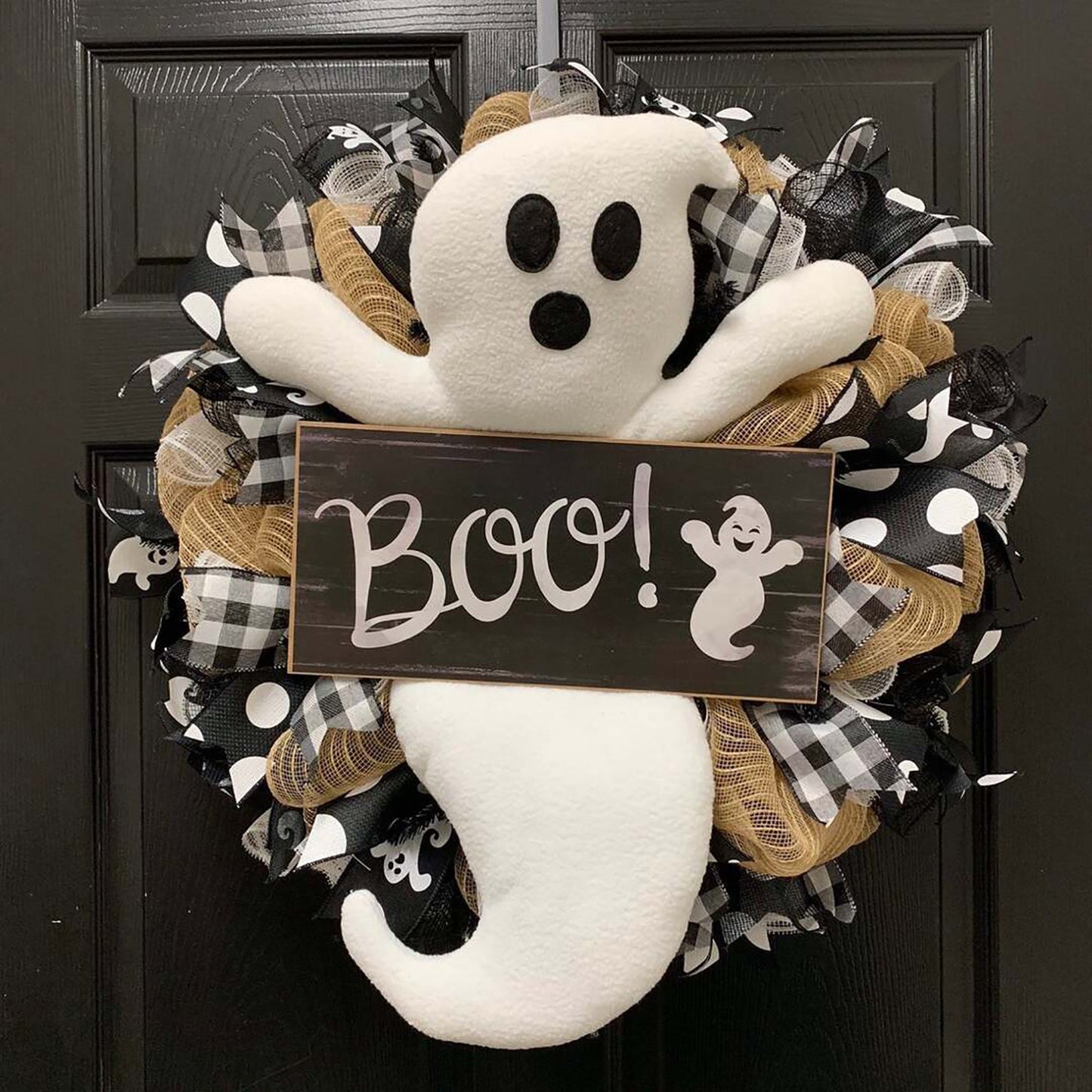 Halloween Wreath BOO Farmhouse-Ghost Wreath Outdoor Front Door Indoor Wall Decor Honeycomb Ghost Smiley Balloon For Halloween