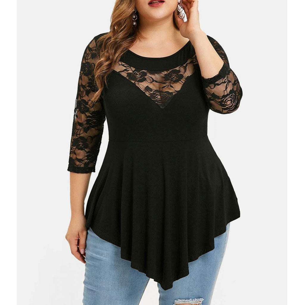 Plus Size Floral Lace Hollow Out Sexy Tunic Blouse Shirt Women Spring Autumn Big Size Tops Ruffles Irregular Blusas