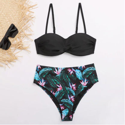 Striped Lace Ruffle Push Up Women Bandeau Swimsuit Female Swimwear Bra Cup Bikini set High Cut Bathing Suit F72