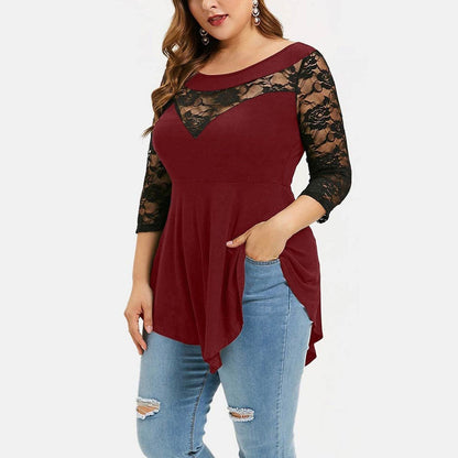 Plus Size Floral Lace Hollow Out Sexy Tunic Blouse Shirt Women Spring Autumn Big Size Tops Ruffles Irregular Blusas