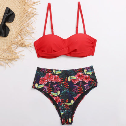 Striped Lace Ruffle Push Up Women Bandeau Swimsuit Female Swimwear Bra Cup Bikini set High Cut Bathing Suit F72