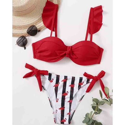 Striped Lace Ruffle Push Up Women Bandeau Swimsuit Female Swimwear Bra Cup Bikini set High Cut Bathing Suit F72