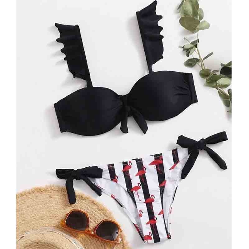 Striped Lace Ruffle Push Up Women Bandeau Swimsuit Female Swimwear Bra Cup Bikini set High Cut Bathing Suit F72