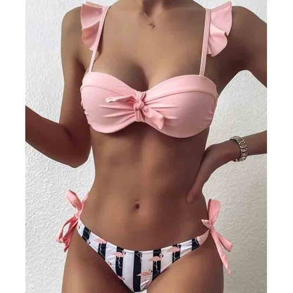 Striped Lace Ruffle Push Up Women Bandeau Swimsuit Female Swimwear Bra Cup Bikini set High Cut Bathing Suit F72